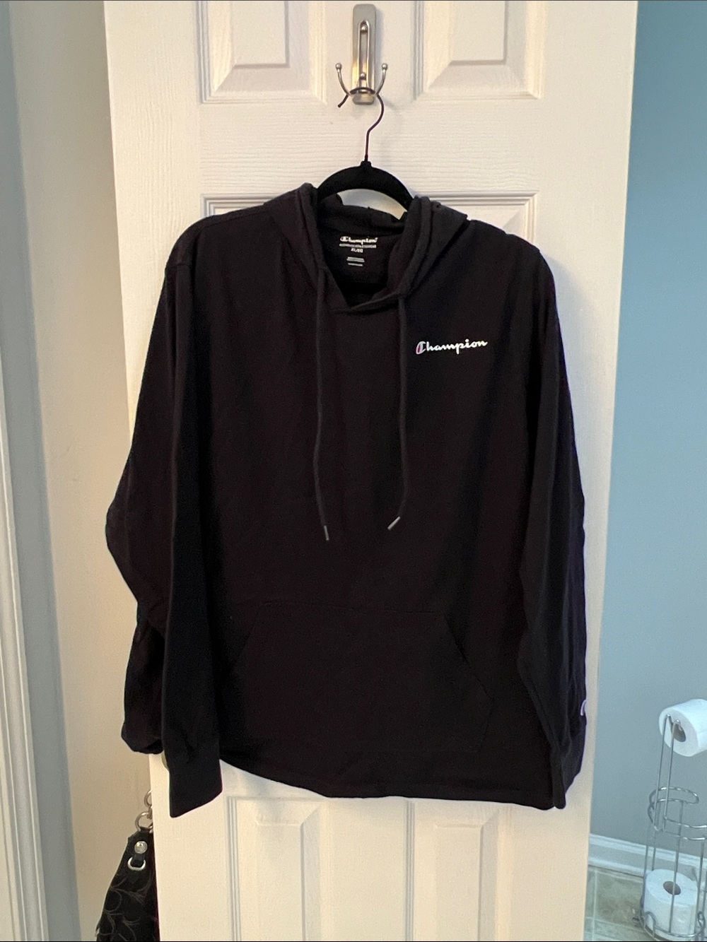 Champion Black Pullover Hoodie with White Script Logo